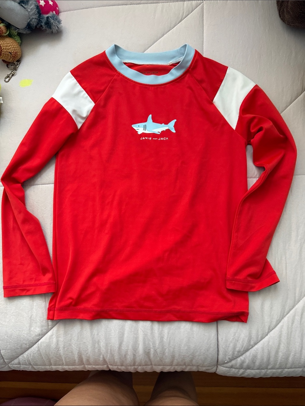 Janie and Jack Red Long-Sleeve Shark Rash Guard with Light Blue Accents